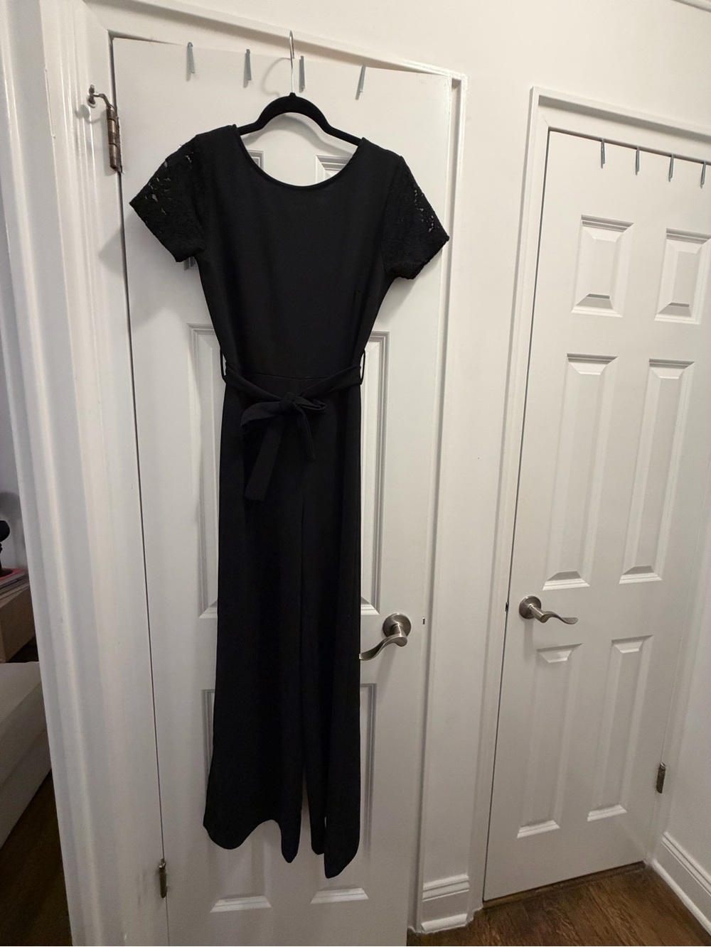 Black Short-Sleeve Jumpsuit with Waist Tie